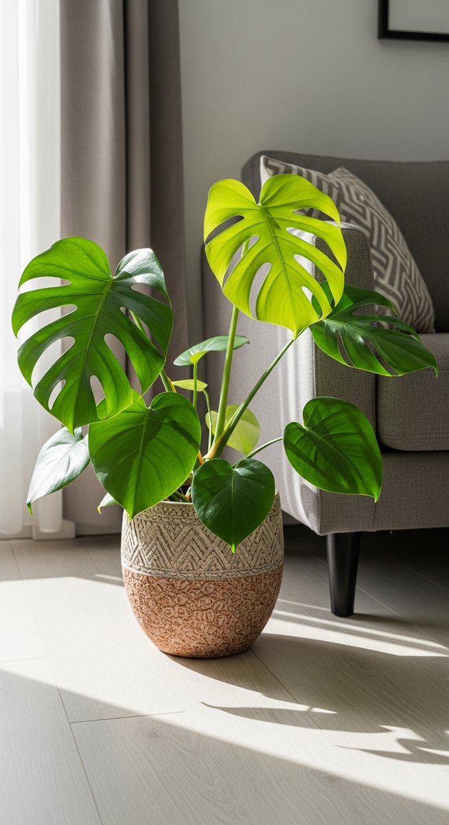 a monstera plant in a decorative pot on a wooden floor