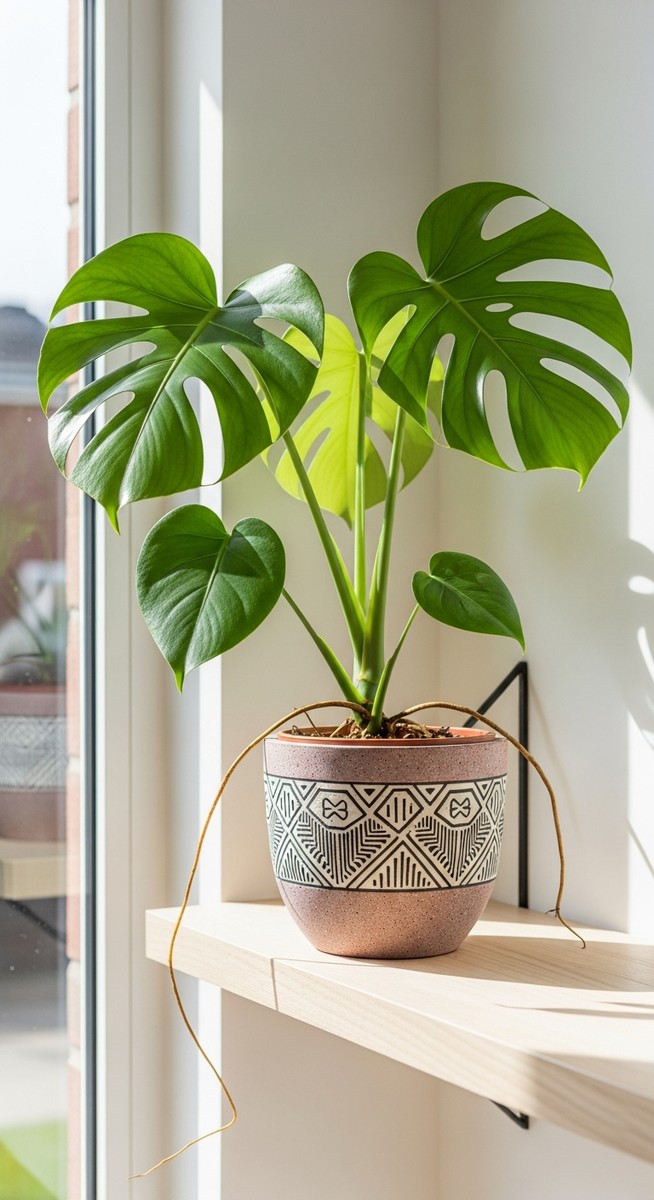 a monstera plant in a decorative pot on a shelf, for monstera types