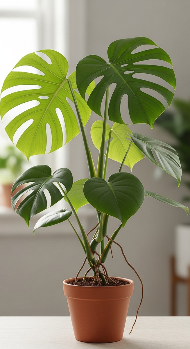 side view of a monstera plant showing its growth habit and leaf shape