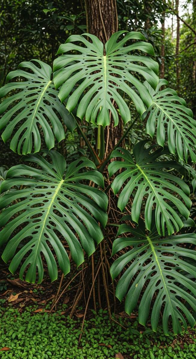 Large monstera plants growing in their natural habitat outdoors
