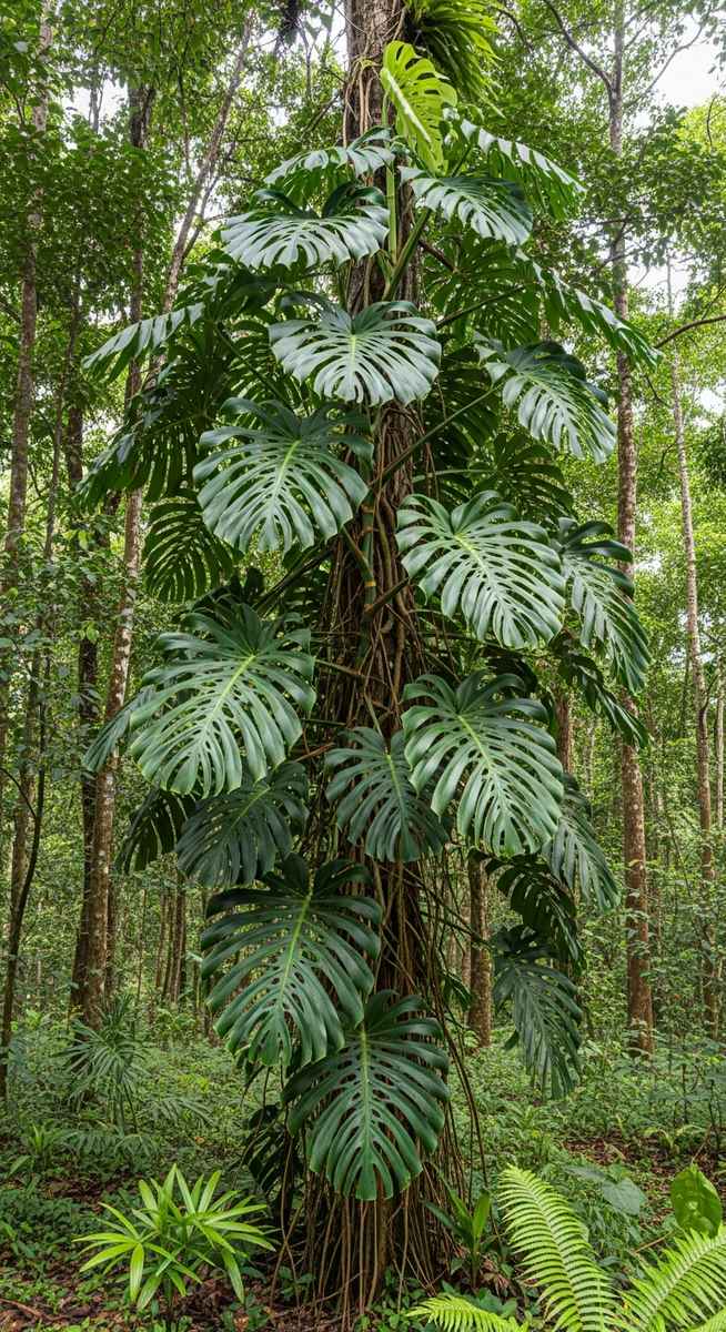 Large monstera plants growing in their natural habitat outdoors, for monstera wild