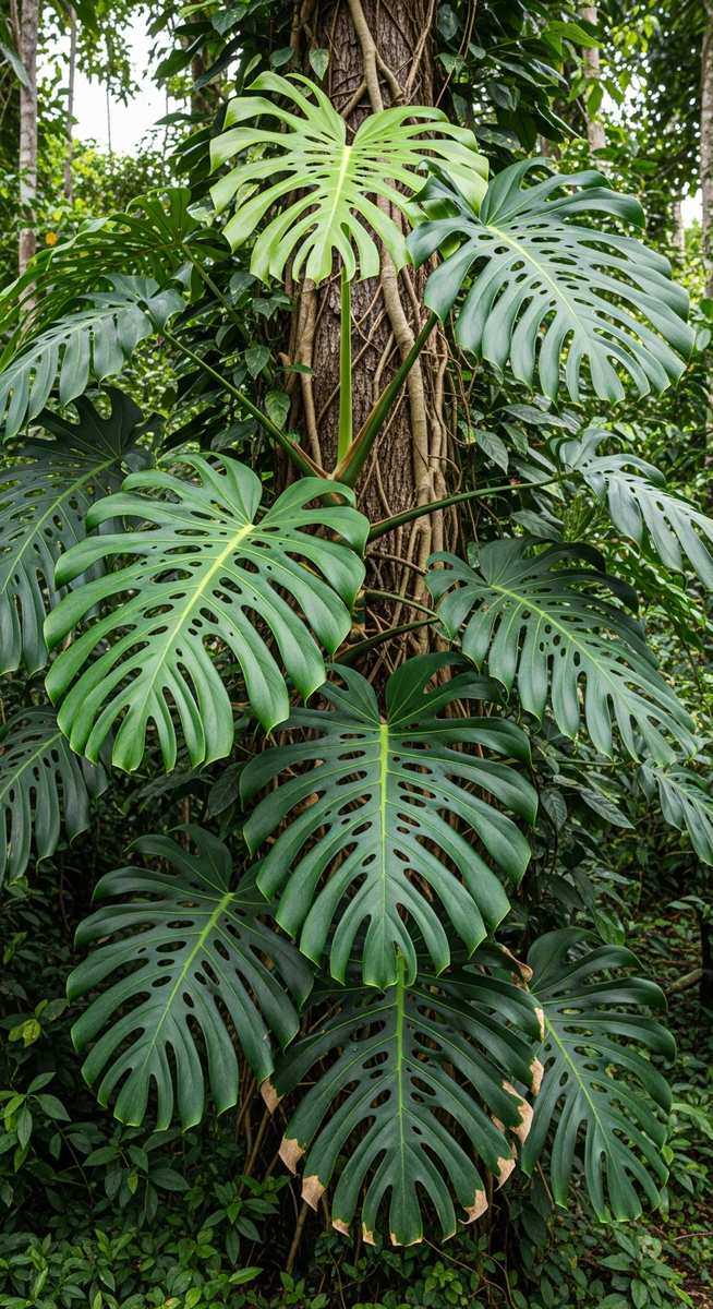 Large monstera plants growing in their natural habitat outdoors