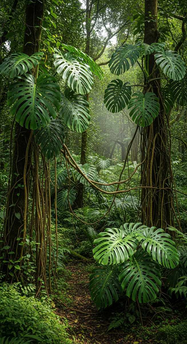 Large monstera plants growing in their natural habitat outdoors, for monstera wild