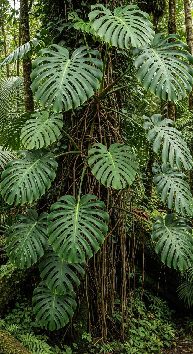Large monstera plants growing in their natural habitat outdoors
