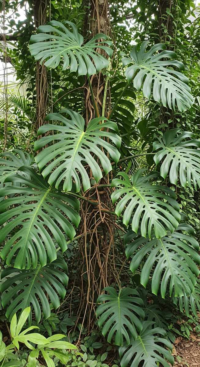 Large monstera plants growing in their natural habitat outdoors, for monstera wild