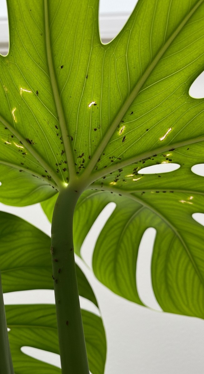 close-up of the underside of monstera leaves showing pest insects