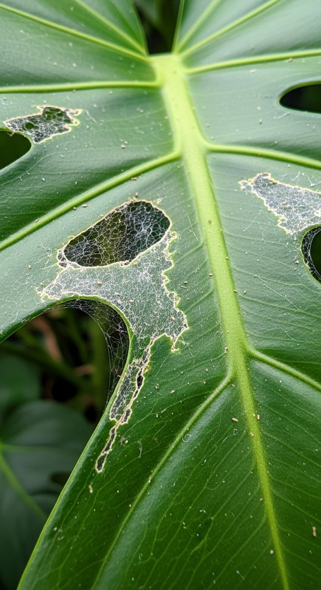 close-up of a monstera leaf showing webbing from spider mites