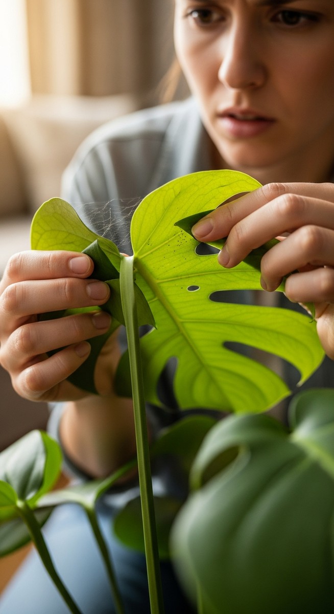a person inspecting a monstera plant for signs of pest infestation, for mosaic virus monstera