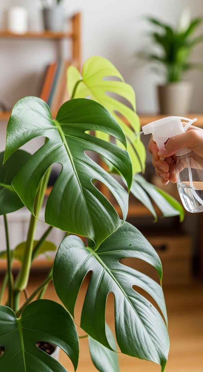 a monstera plant being treated with a spray bottle for pests, for mosaic virus monstera