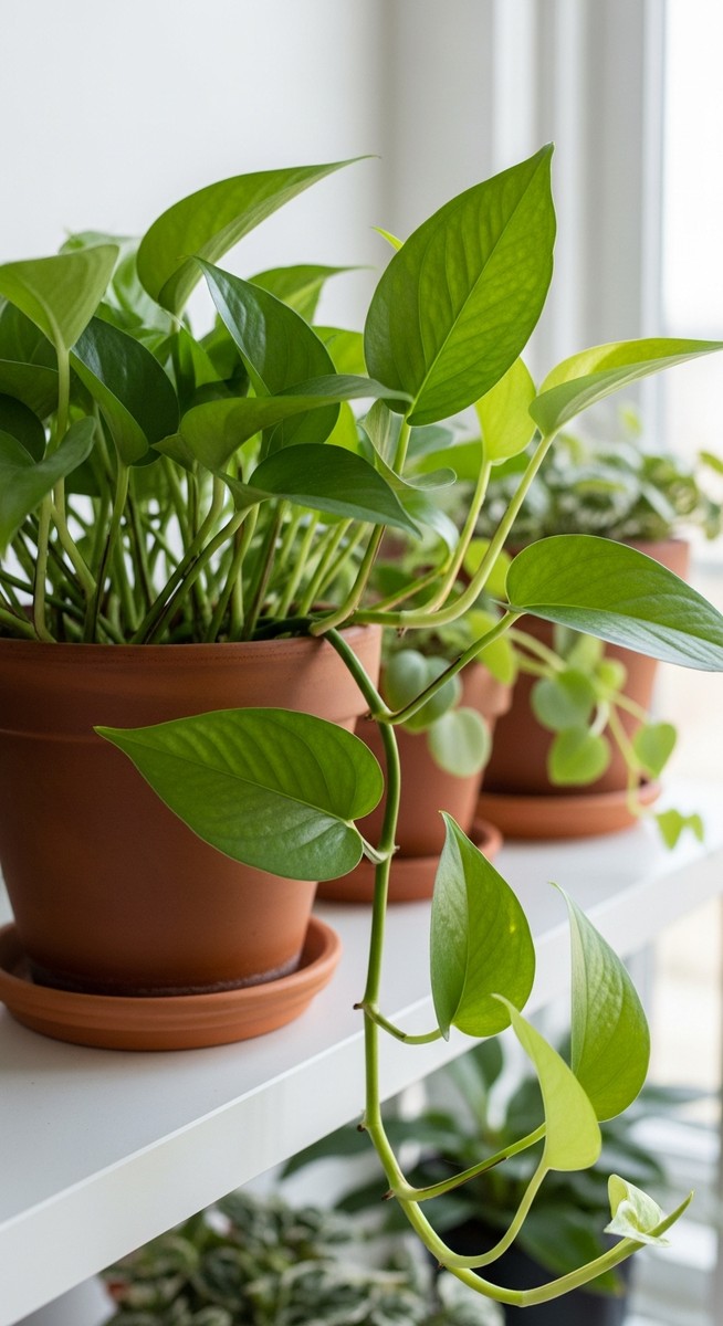 a lush pothos plant in a terracotta pot on a white shelf