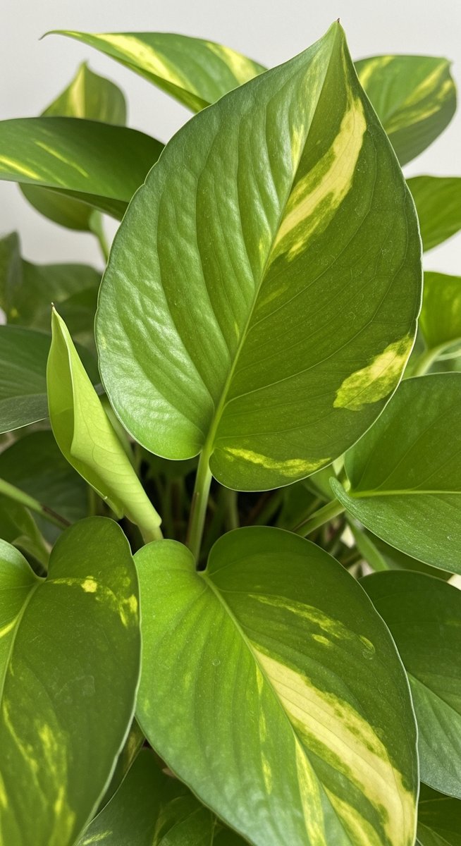 close-up of healthy pothos leaves showing vivid colour and texture, for neon pothos