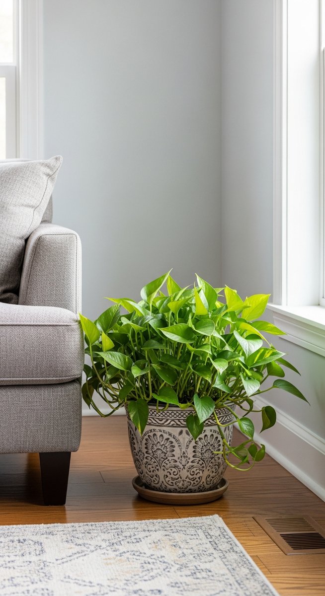 a pothos plant in a decorative pot on a wooden floor