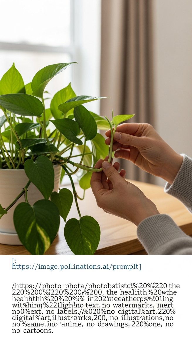 hands touching the leaves of a healthy pothos plant
