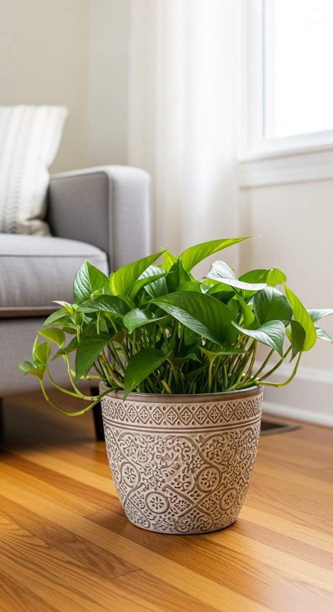 a pothos plant in a decorative pot on a wooden floor