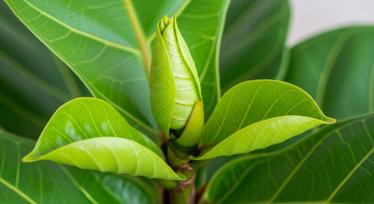 Close-up of the top of a fiddle leaf fig plant showing new tightly-rolled or jus, for new fiddle leaf fig leaves