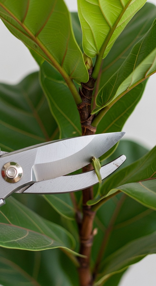 close-up of pruning shears making a clean cut on a fiddle leaf fig plant stem