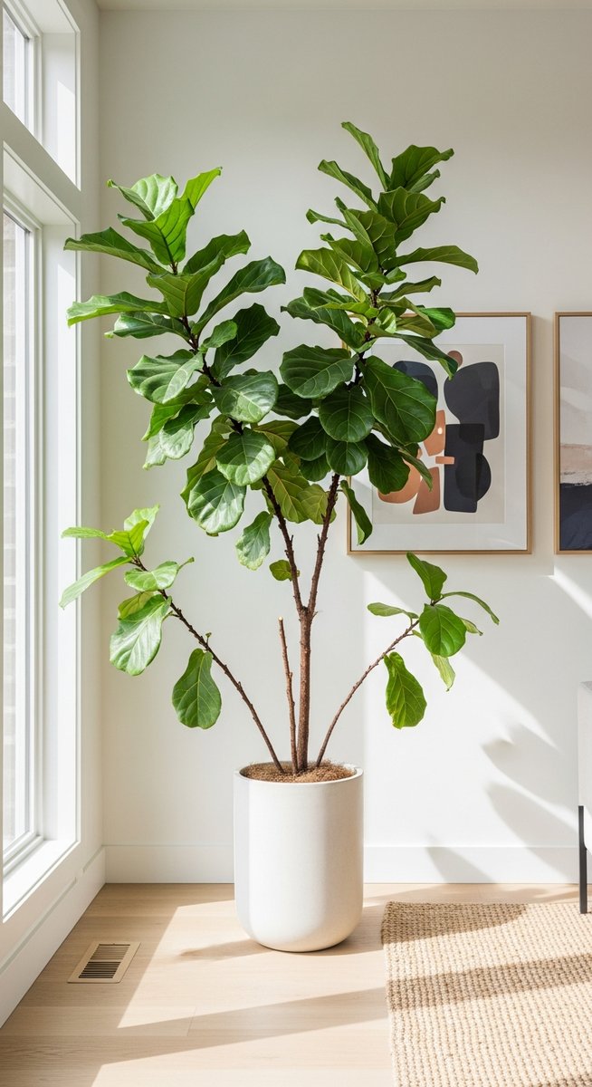 a fiddle leaf fig plant looking neat and well-shaped after pruning, for notching fiddle leaf fig