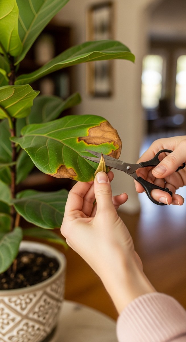 a person trimming a damaged leaf from a fiddle leaf fig plant with scissors