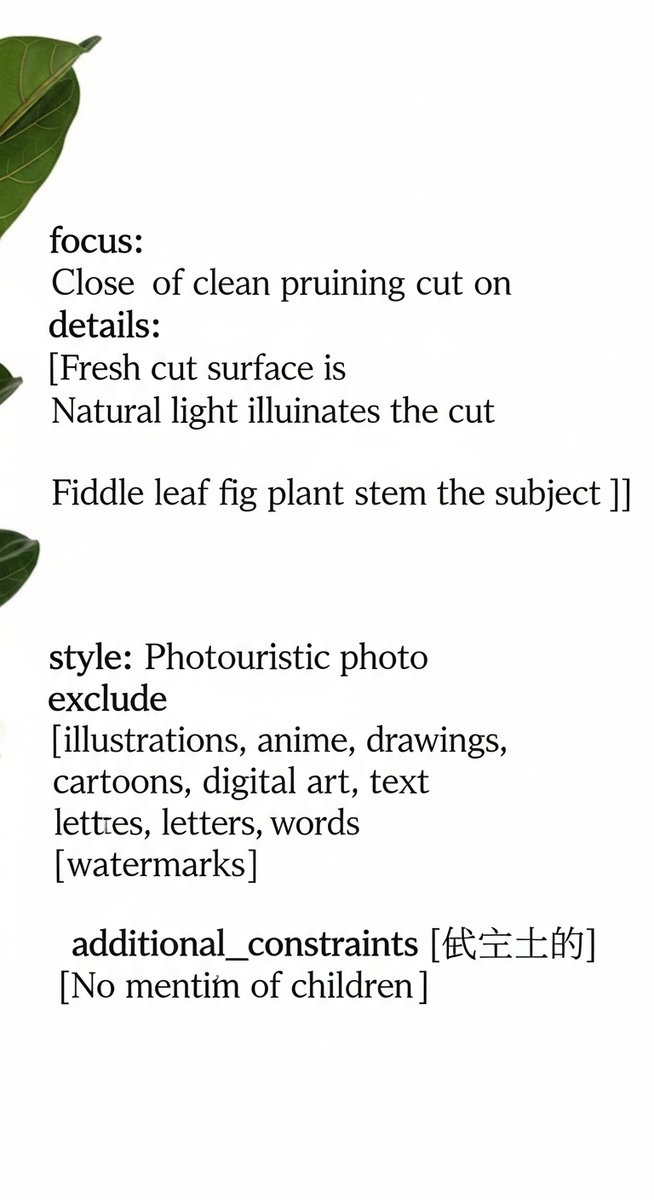 close-up of a clean pruning cut on a fiddle leaf fig plant stem, for notching fiddle leaf fig