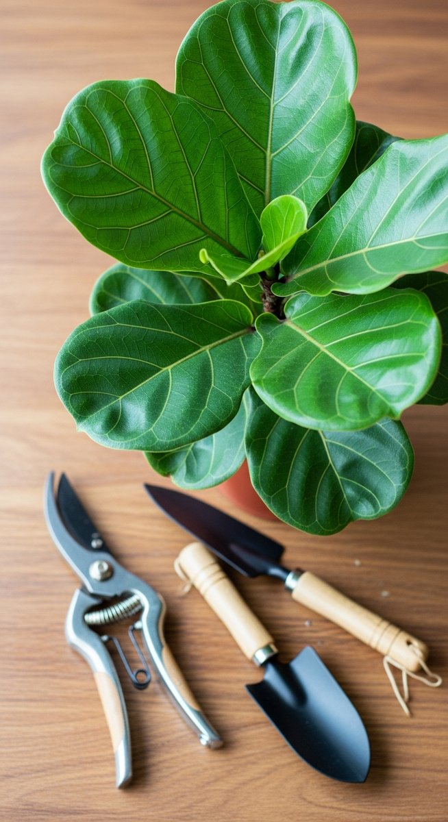 pruning tools laid out next to a fiddle leaf fig plant ready to be trimmed