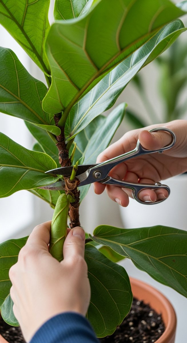 hands removing an overgrown stem from a fiddle leaf fig plant with scissors, for notching fiddle leaf fig