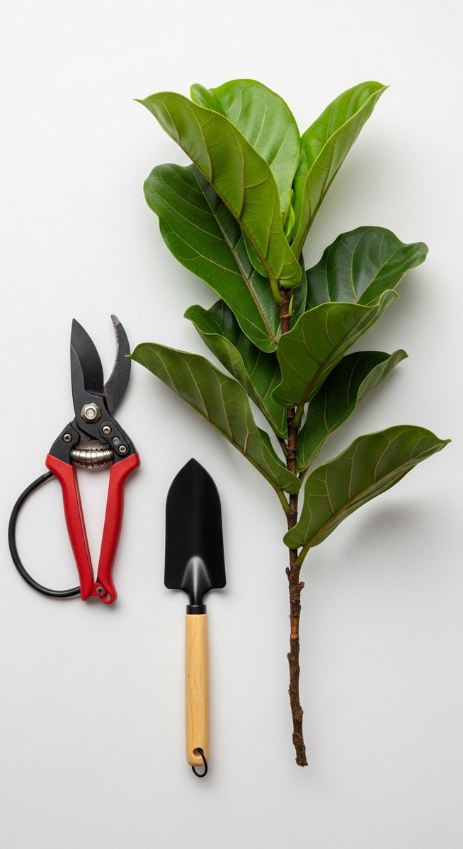 pruning tools laid out next to a fiddle leaf fig plant ready to be trimmed