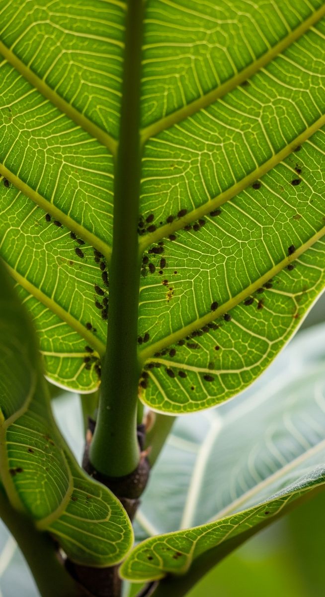 close-up of the underside of fiddle leaf fig leaves showing pest insects