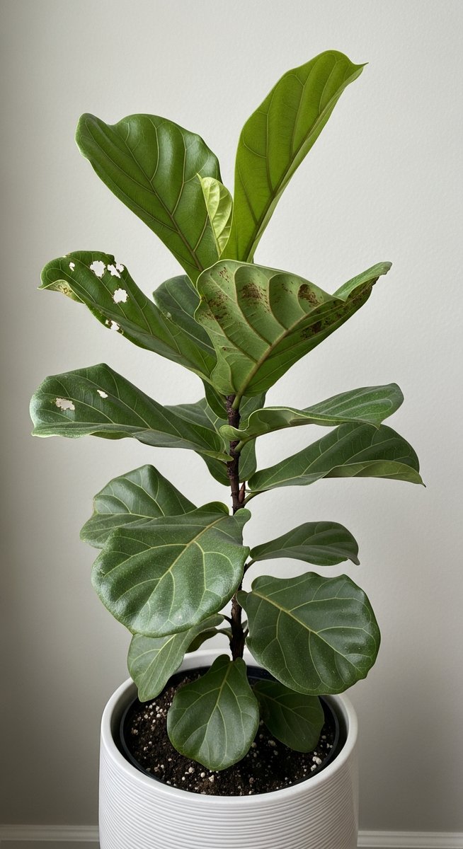 a fiddle leaf fig plant with visibly pest-damaged leaves, for overwatered fiddle leaf fig