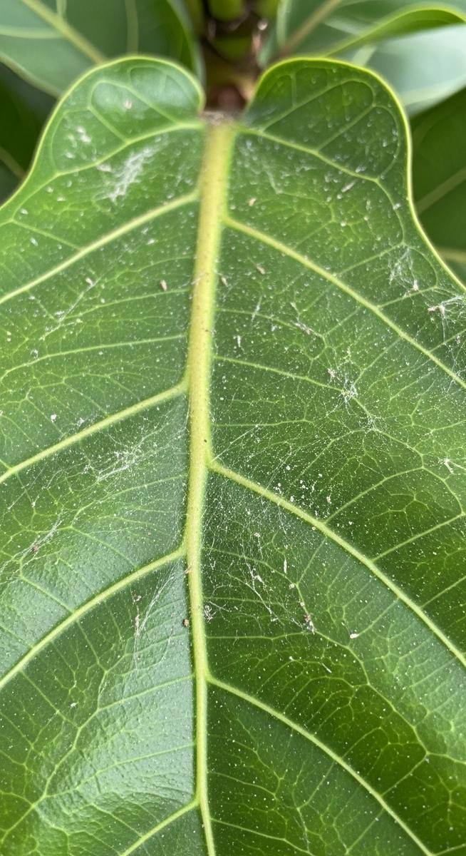 close-up of a fiddle leaf fig leaf showing webbing from spider mites