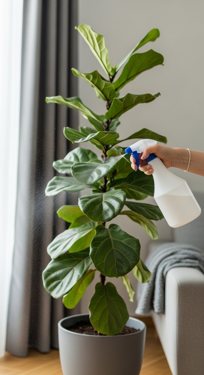 a fiddle leaf fig plant being treated with a spray bottle for pests, for overwatered fiddle leaf fig