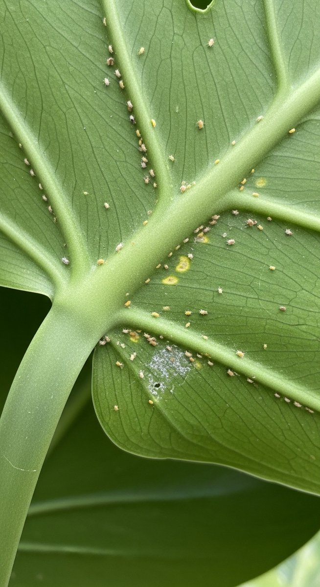 close-up of the underside of monstera leaves showing pest insects