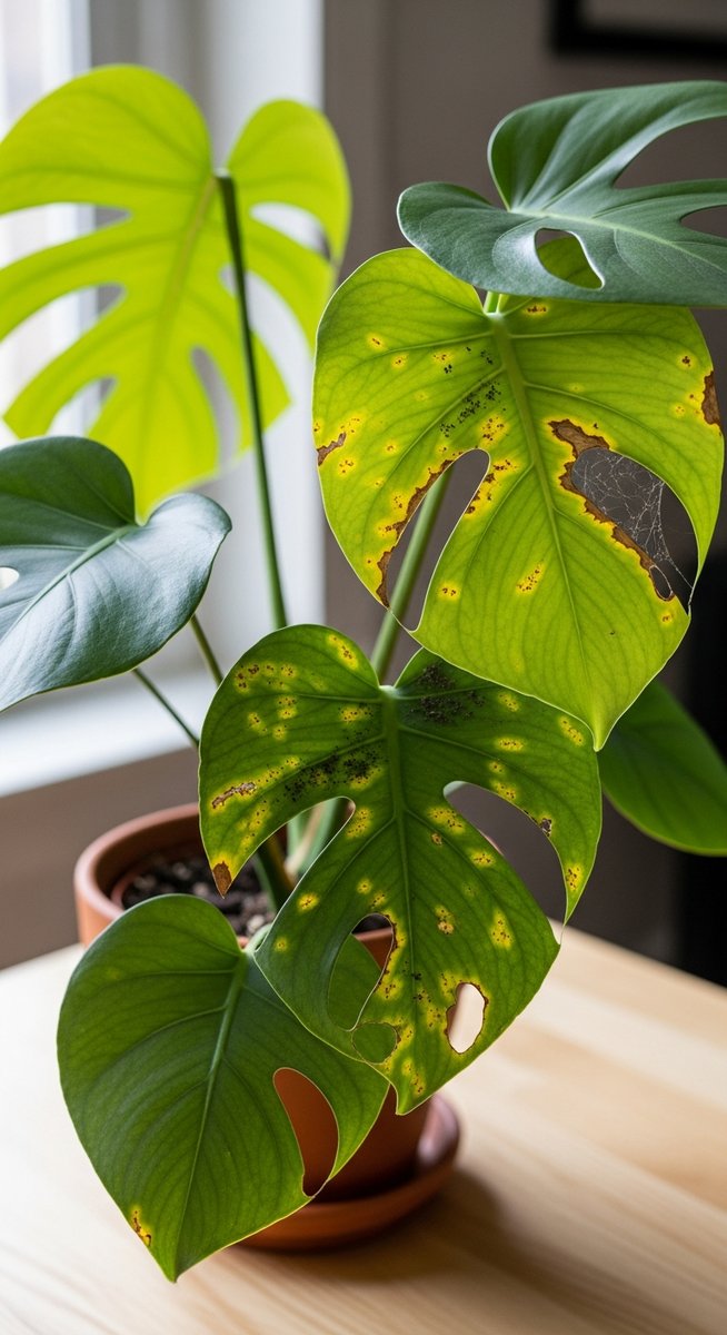 a monstera plant with visibly pest-damaged leaves, for overwatered monstera
