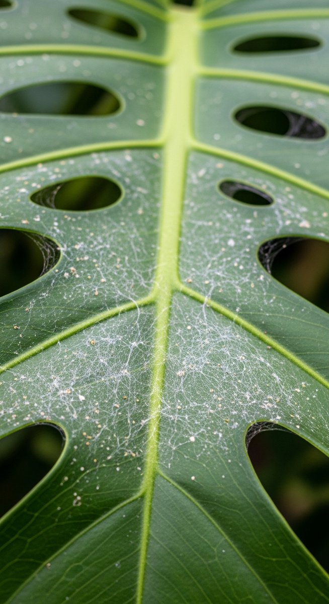 close-up of a monstera leaf showing webbing from spider mites