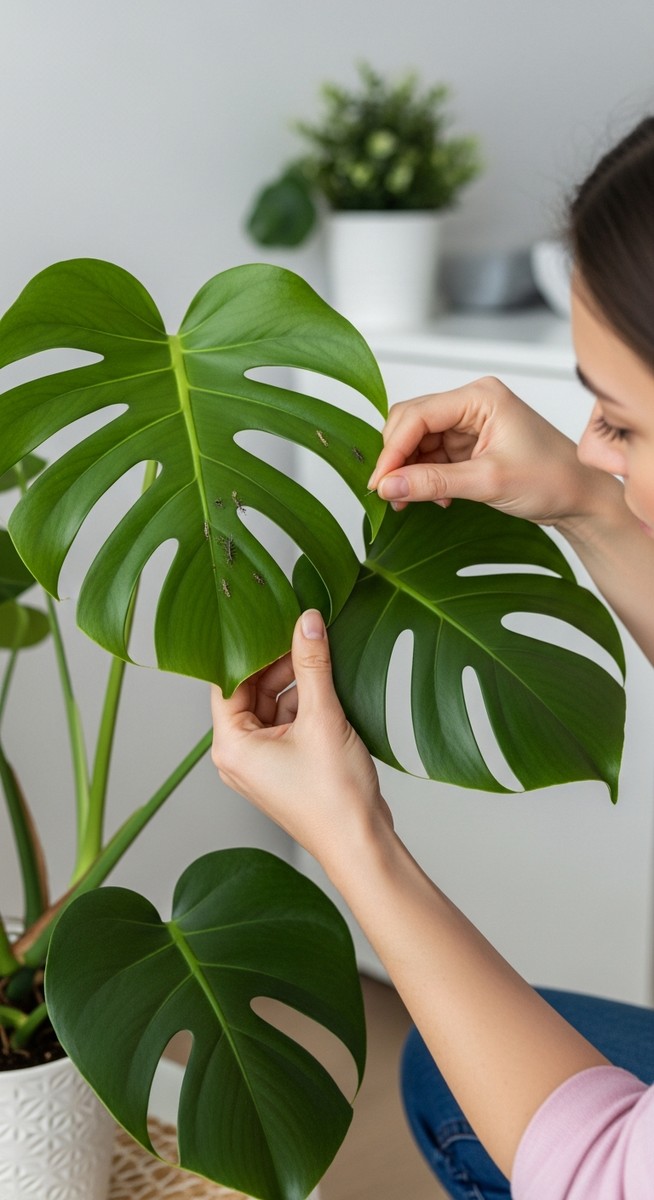 a person inspecting a monstera plant for signs of pest infestation, for overwatered monstera