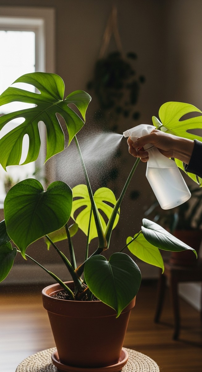 a monstera plant being treated with a spray bottle for pests, for overwatered monstera