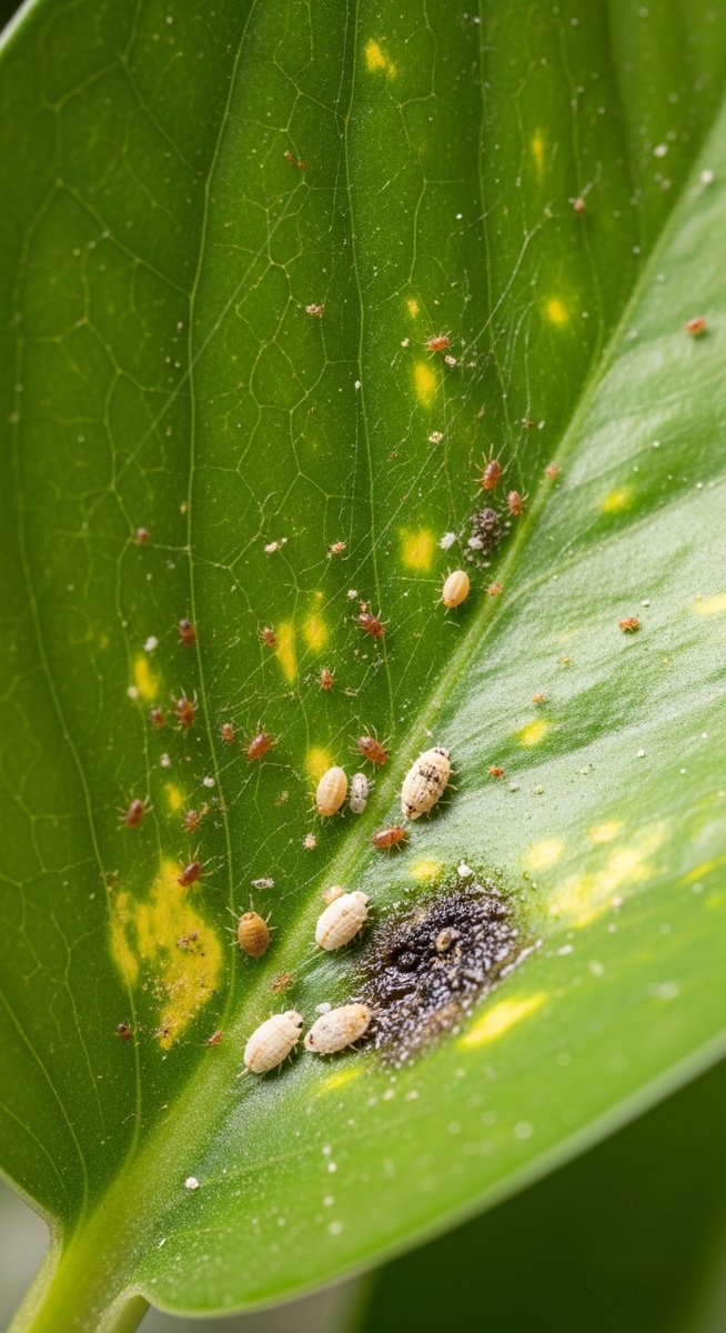 close-up of the underside of pothos leaves showing pest insects