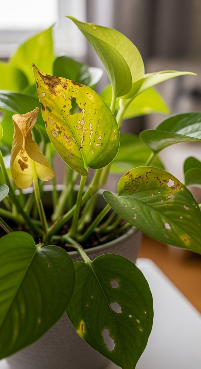 a pothos plant with visibly pest-damaged leaves, for overwatered pothos