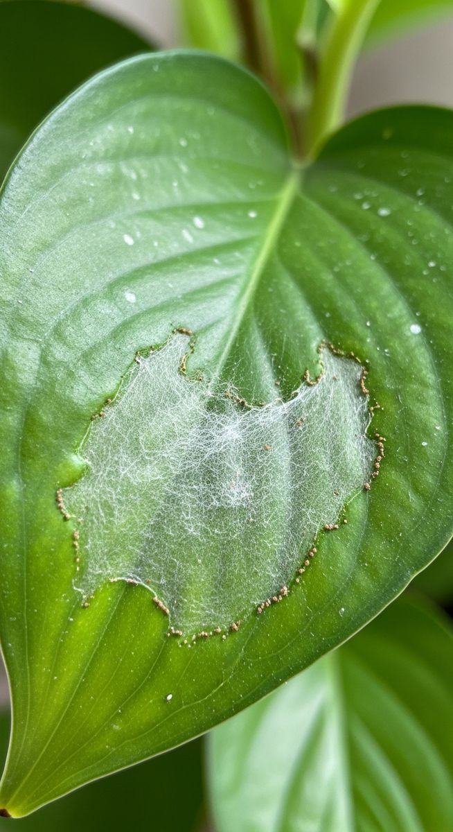close-up of a pothos leaf showing webbing from spider mites