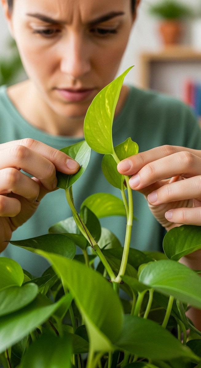 a person inspecting a pothos plant for signs of pest infestation, for overwatered pothos
