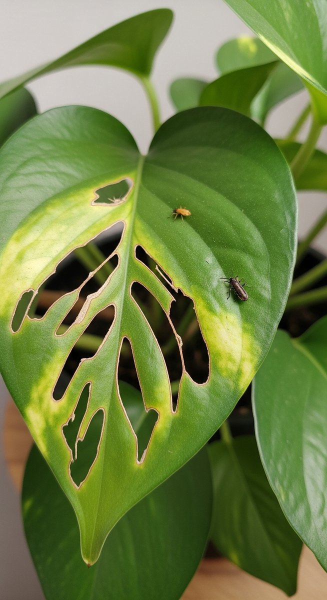 close-up of pest damage on a pothos leaf
