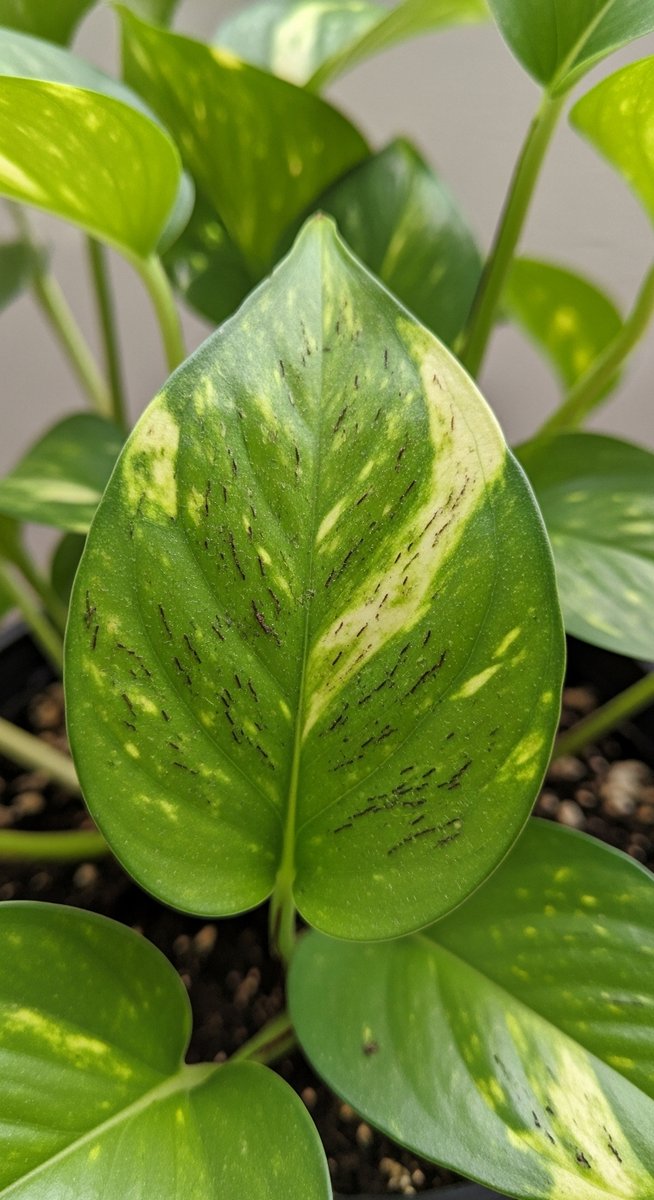close-up of pothos leaves showing stippling from pest damage