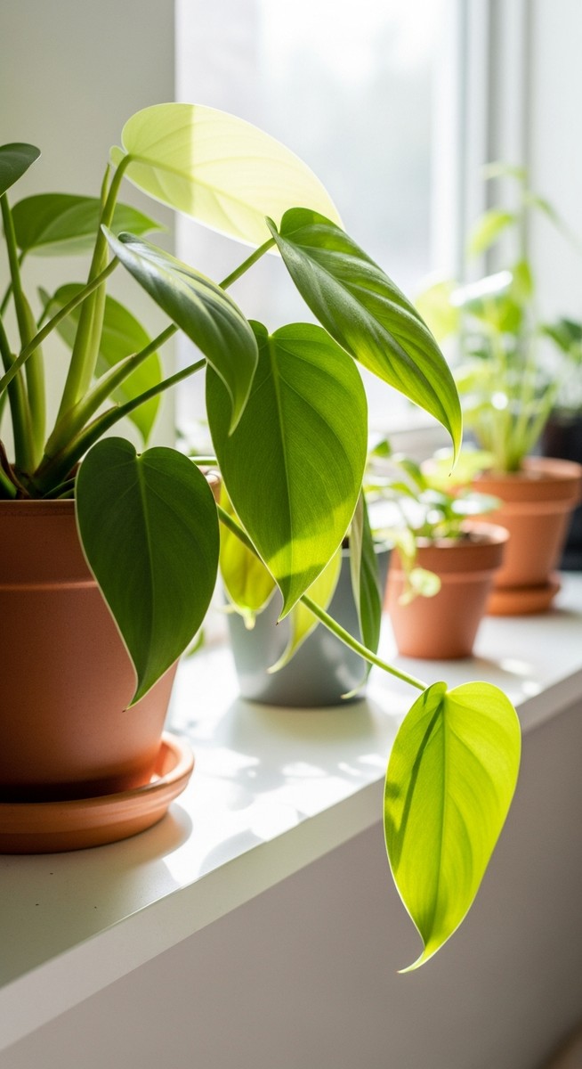 a lush philodendron plant in a terracotta pot on a white shelf