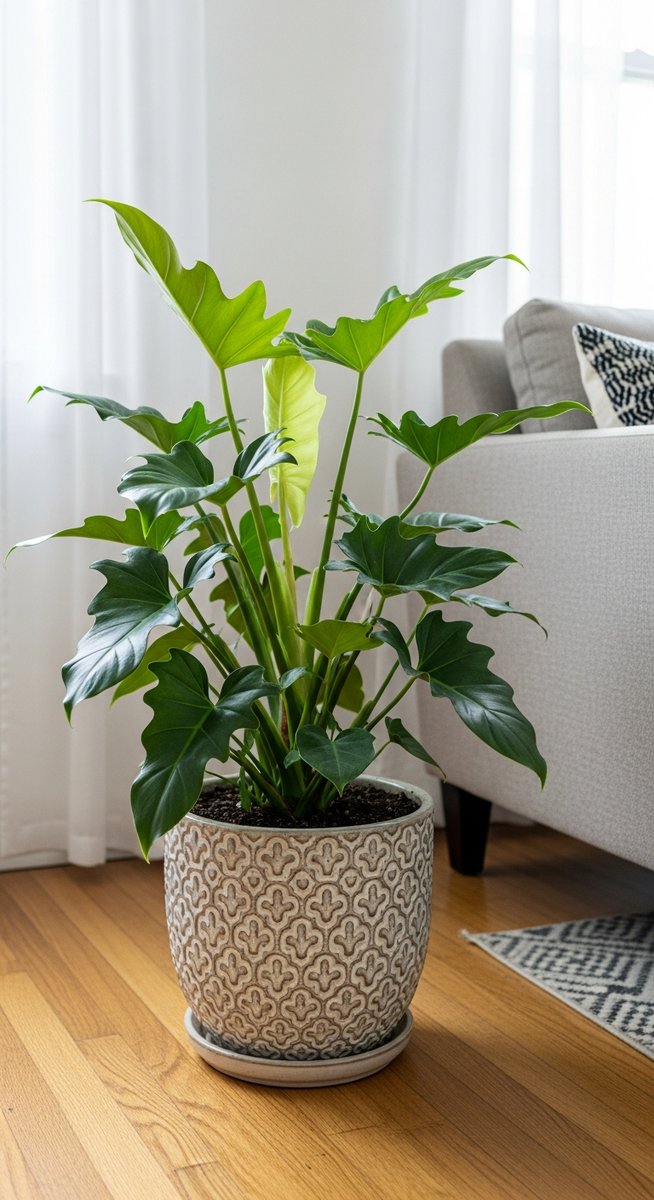 a philodendron plant in a decorative pot on a wooden floor