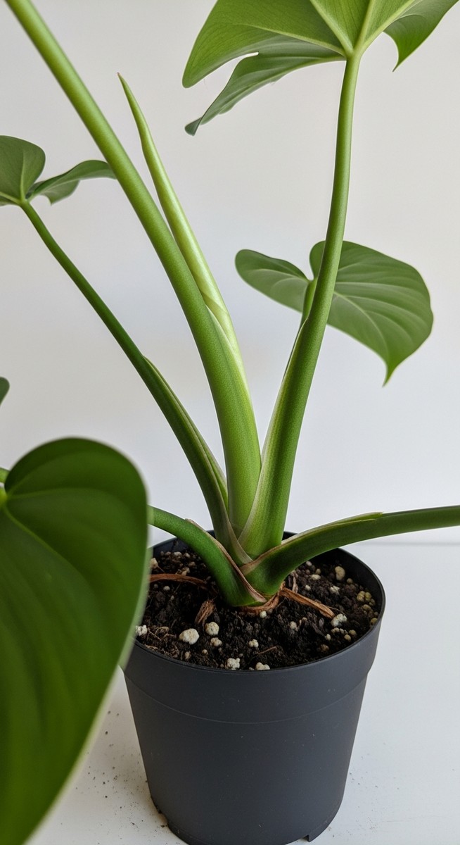 close-up of the base and lower leaves of a philodendron plant, for painted lady philodendron