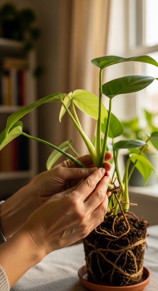 hands touching the leaves of a healthy philodendron plant