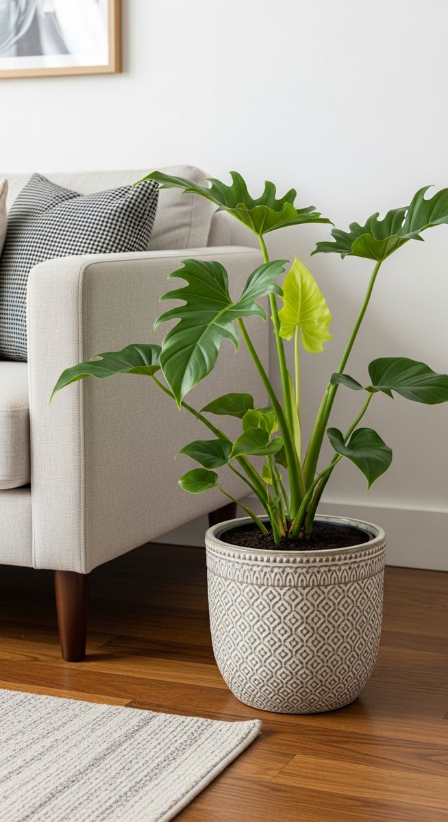 a philodendron plant in a decorative pot on a wooden floor