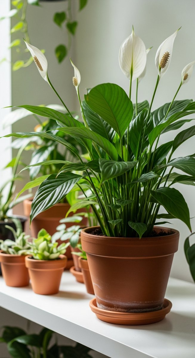a lush peace lily plant in a terracotta pot on a white shelf