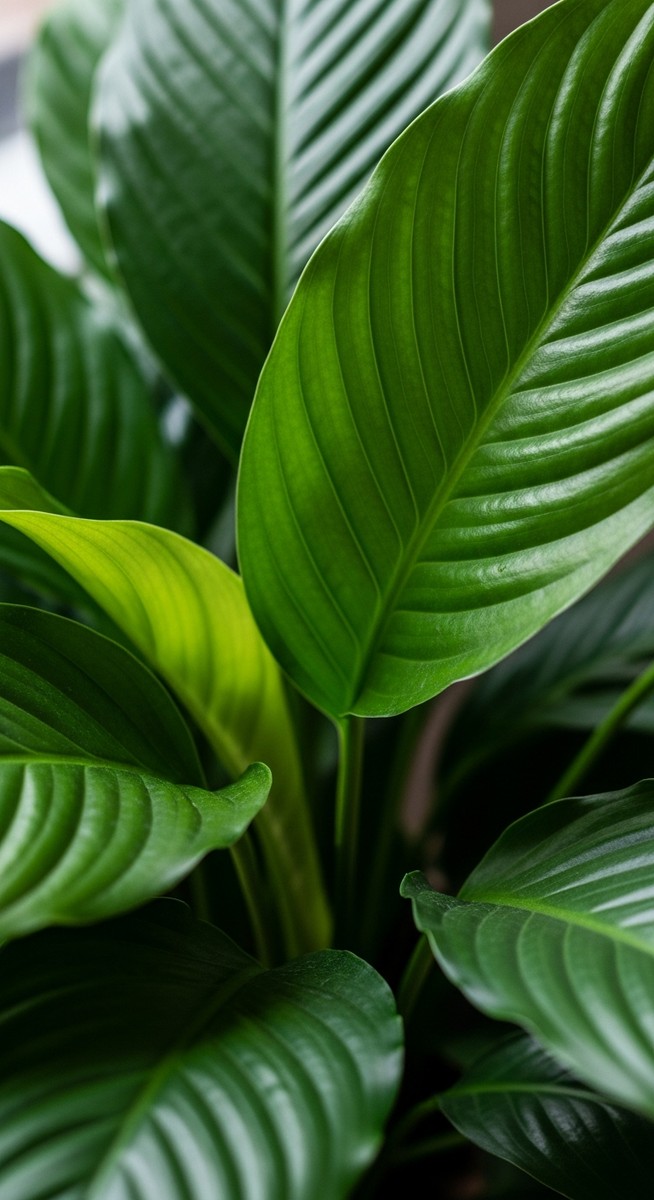 close-up of healthy peace lily leaves showing vivid colour and texture, for peace lily care