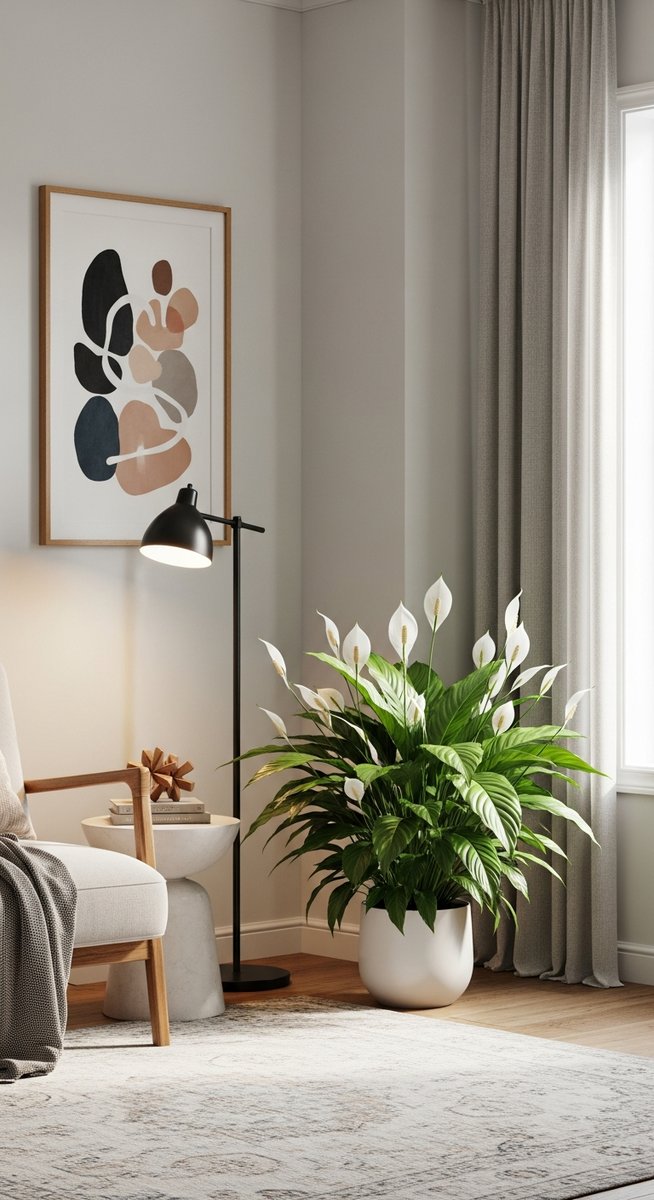 a large thriving peace lily plant as a living room focal point, for peace lily care