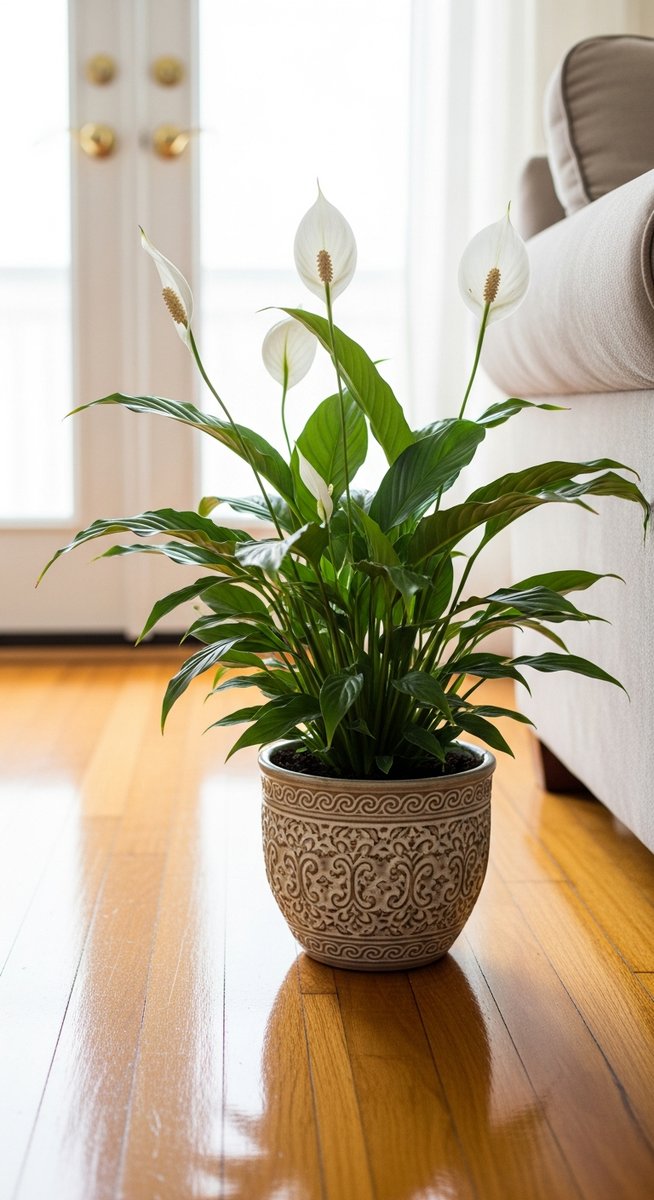 a peace lily plant in a decorative pot on a wooden floor